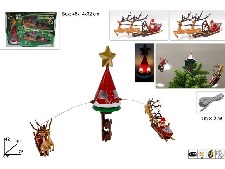 PUNTALE ALBERO CON SLITTA DI BABBO NATALE,  RENNE IN MOVIMENTO