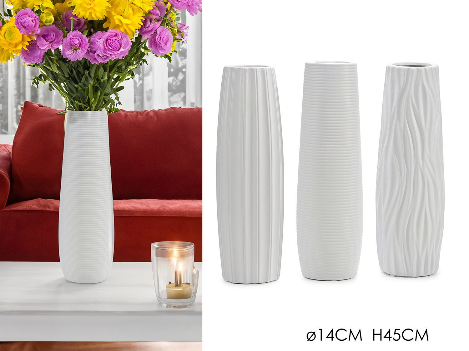 VASO �14XH45CM BIANCO 3ASS