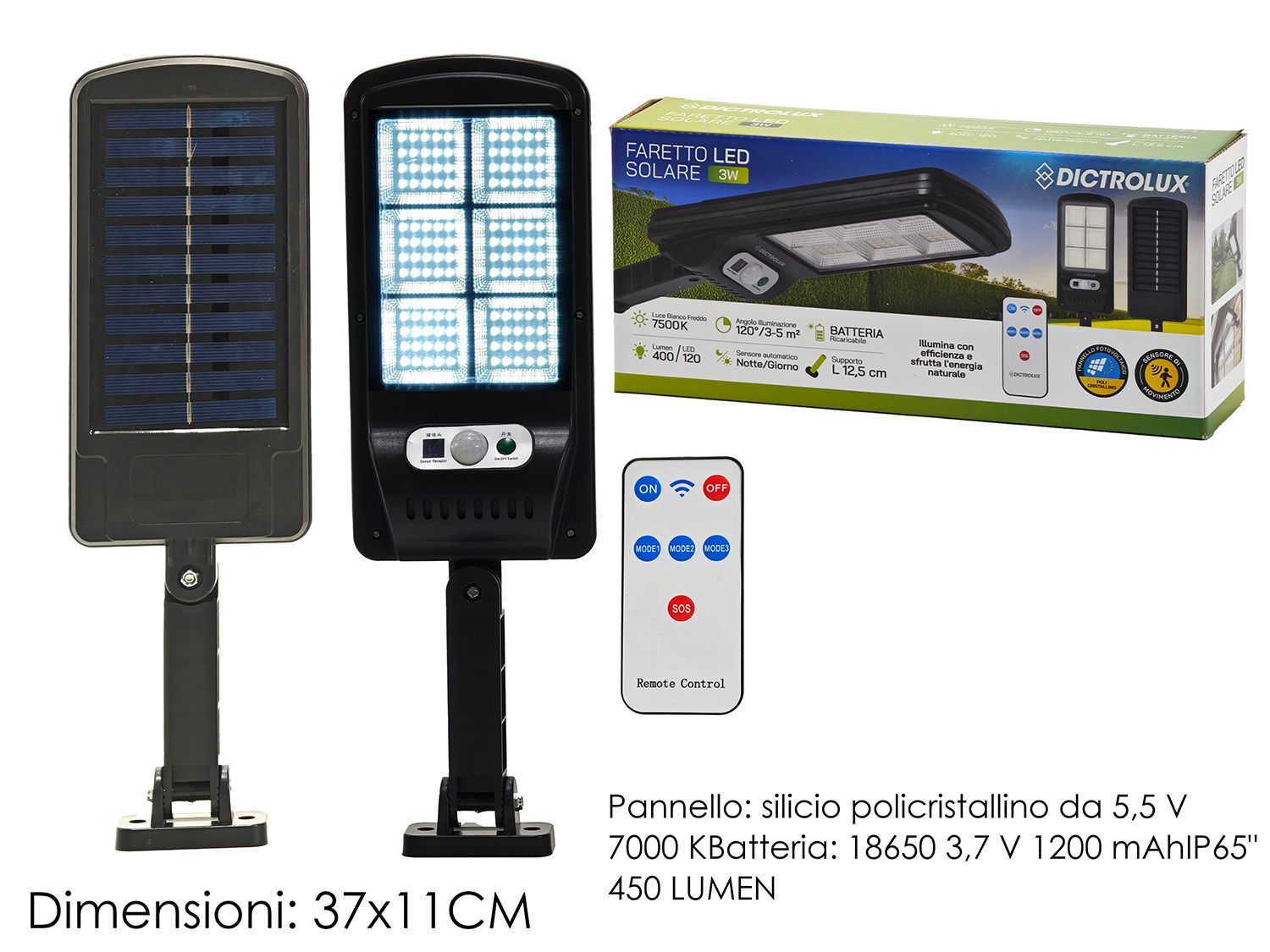 FARO LED SOLARE 400LUMEN C/TELECOMANDO