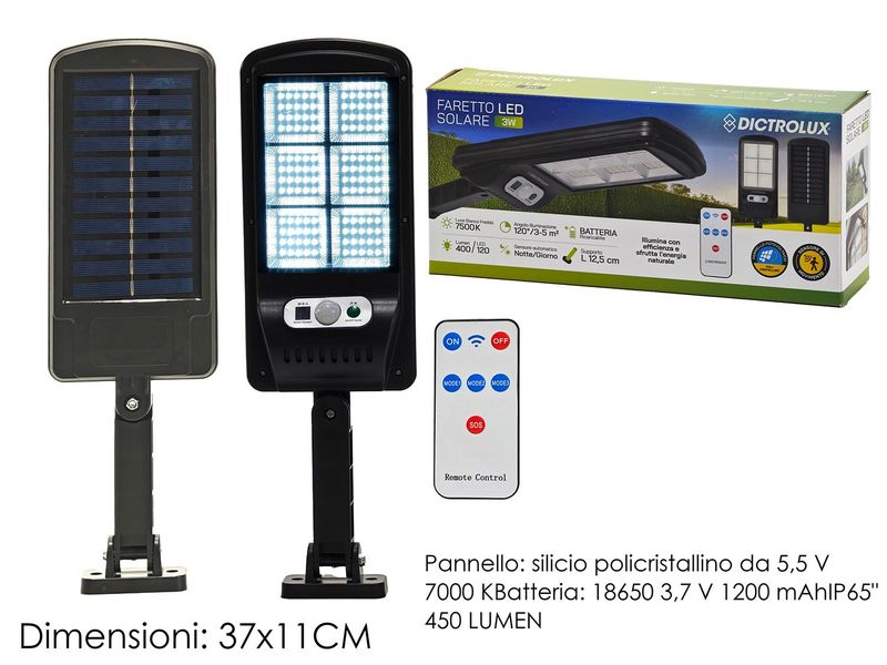 FARO LED SOLARE 400LUMEN C/TELECOMANDO