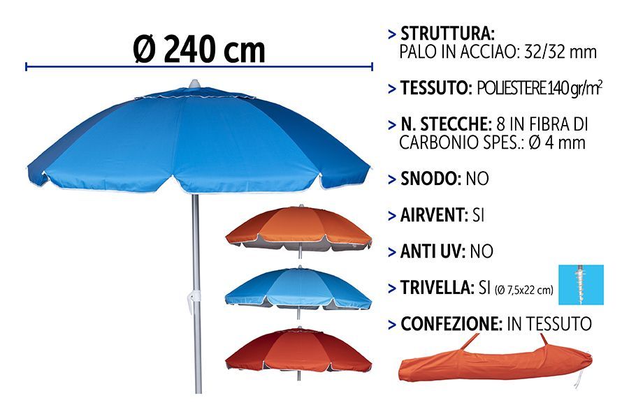 Ombrellone 240 cm in alluminio con 8 stecche in fibra e telo in poliestere 140 g assortito 4 colori