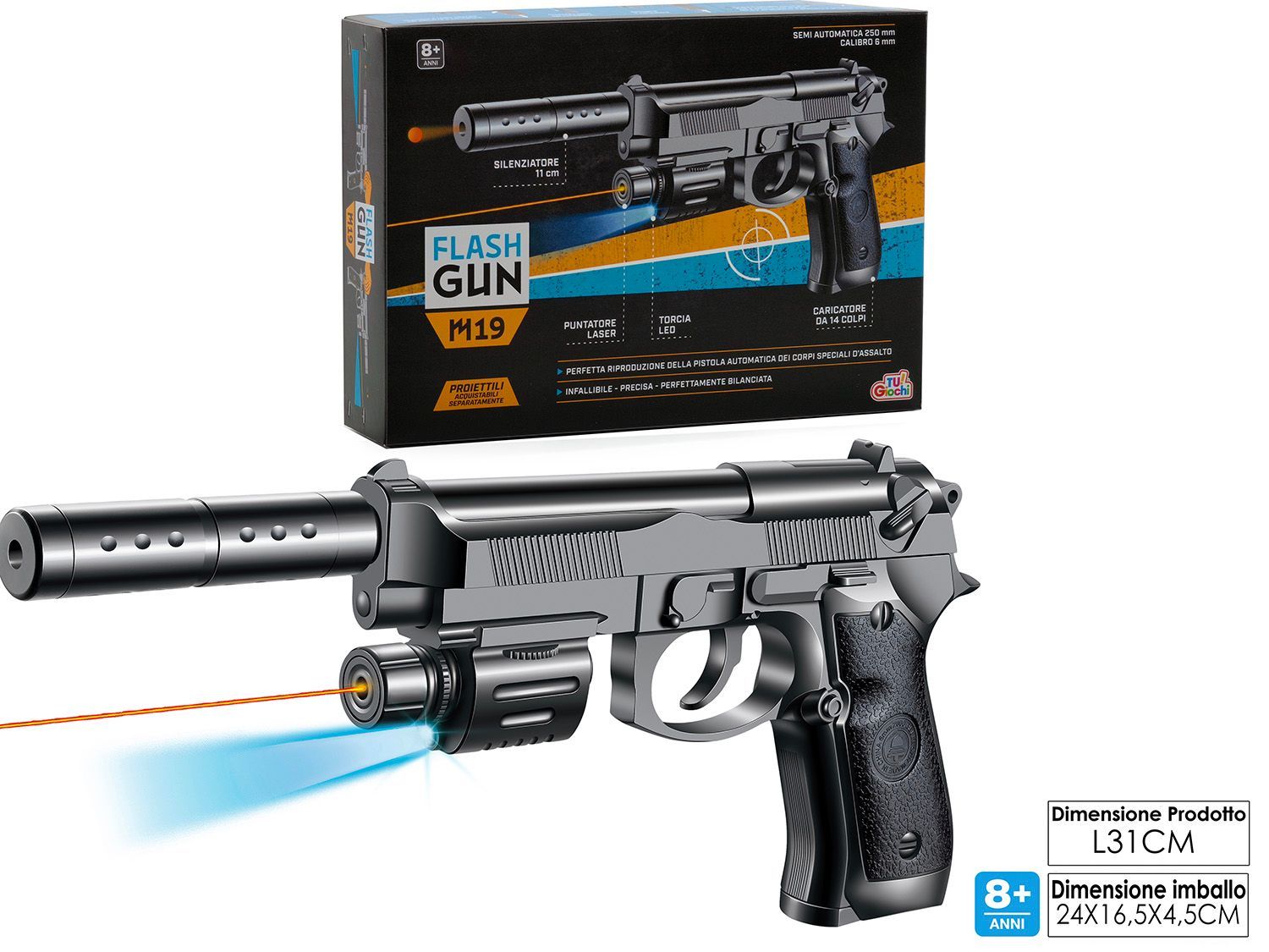 PISTOLA M19 FLASH GUN C/LASER/LU. SILENZ PISTOLA M19 FLASH GUN C/LASER/LU. SILENZ