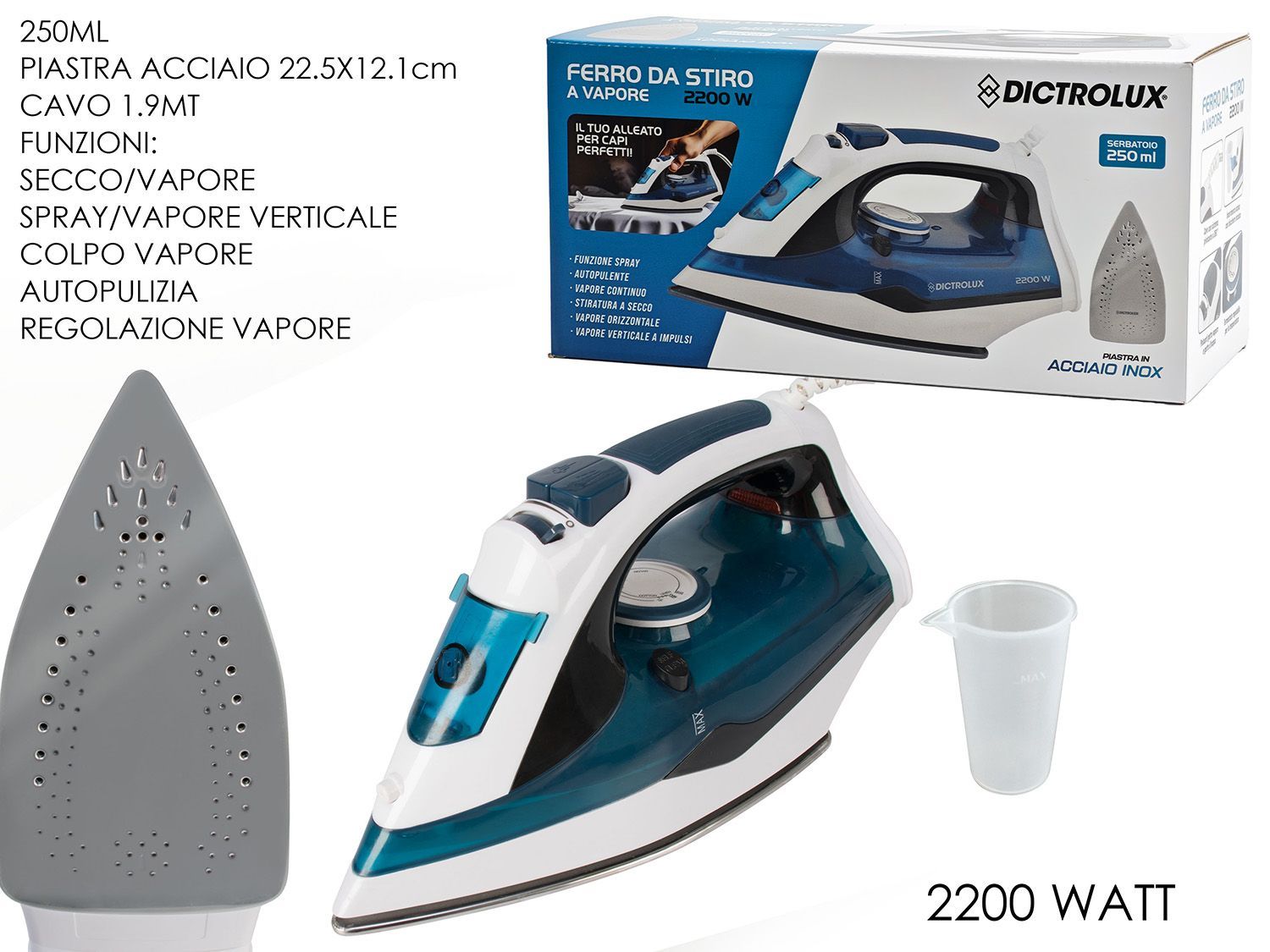 FERRO DA STIRO 2200W ACCIAIO BIA/BLU