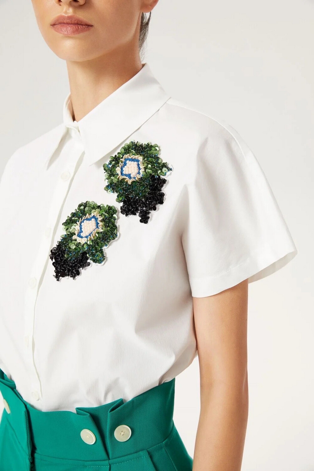 EXQUISE White Shirt With Sequins & Beadings