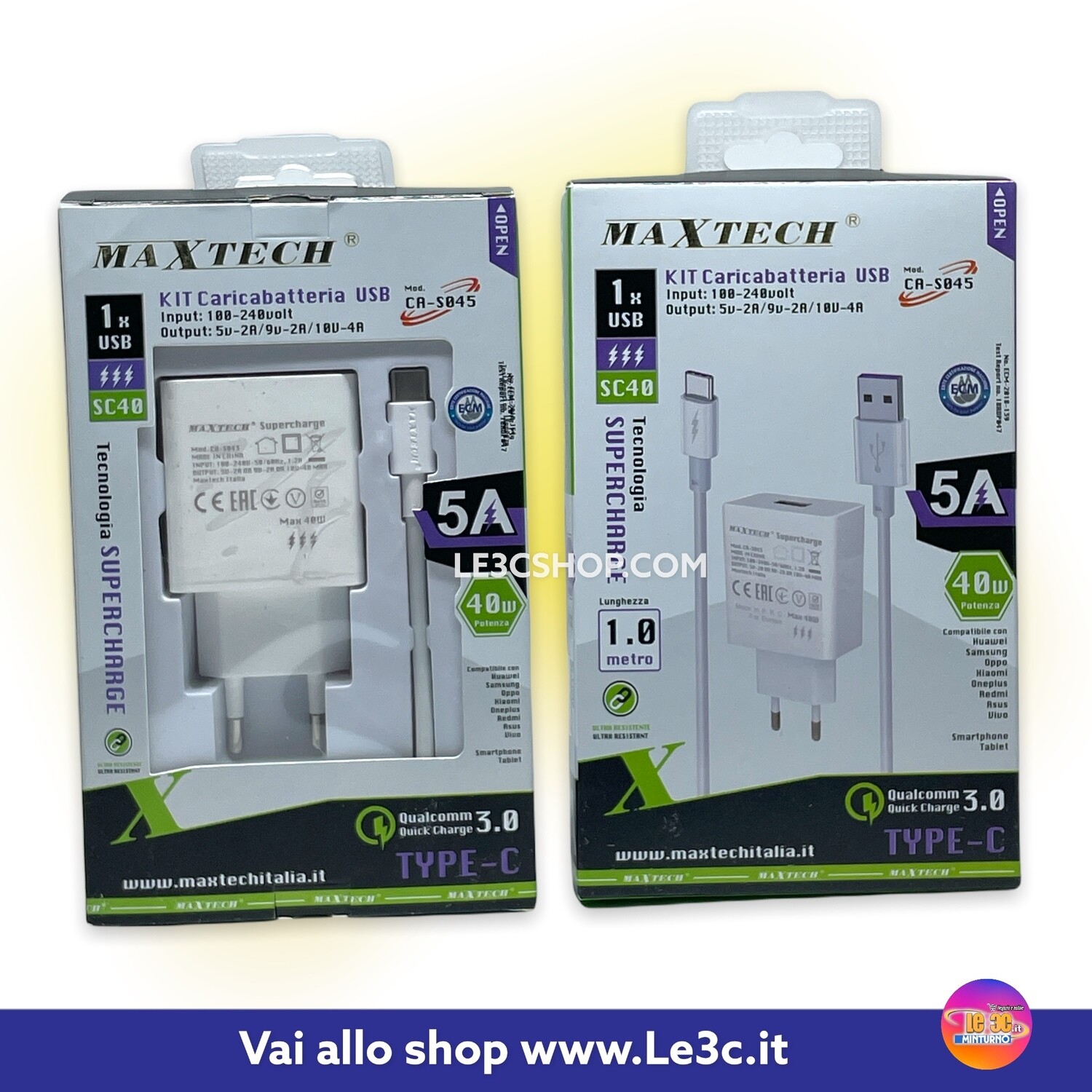 Kit caricabatterie type c to usb 5v 40w 5A maxtech