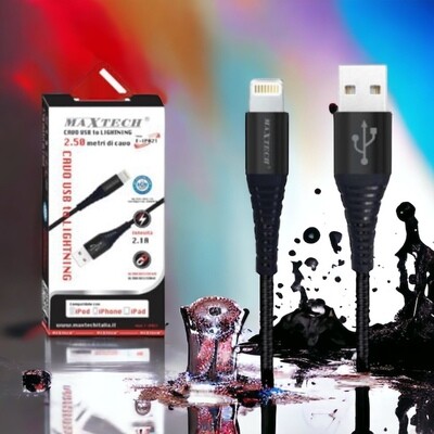 Cavo USB A to Lightning Maxtech F-IP021 - 2.5m, 2.1A, Alta Qualità