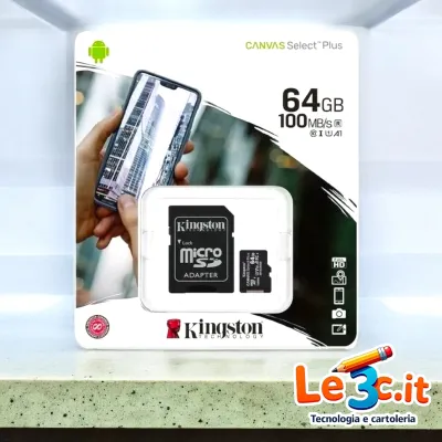 KINGSTON Memory Card MicroSD 64GB Classe 10 - 100MB/s Canvas Plus con Adattatore