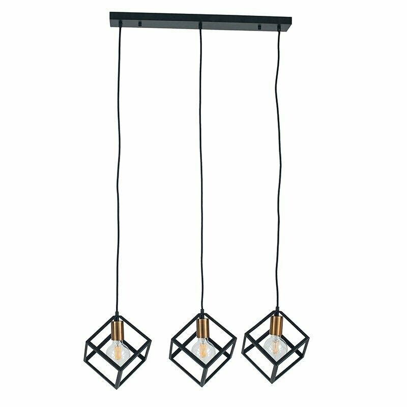 Matt Black Metal Three Cube Pendant + Bulbs