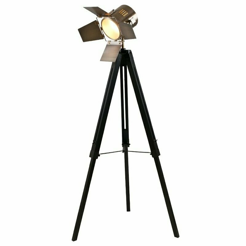Black Wood & 'Antique Brass' Metal Tripod Floor Lamp
