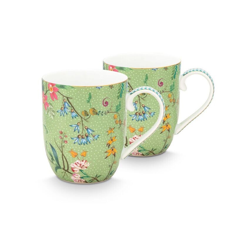 Jolie Flowers Green Small Mugs: Green (Set of 2)