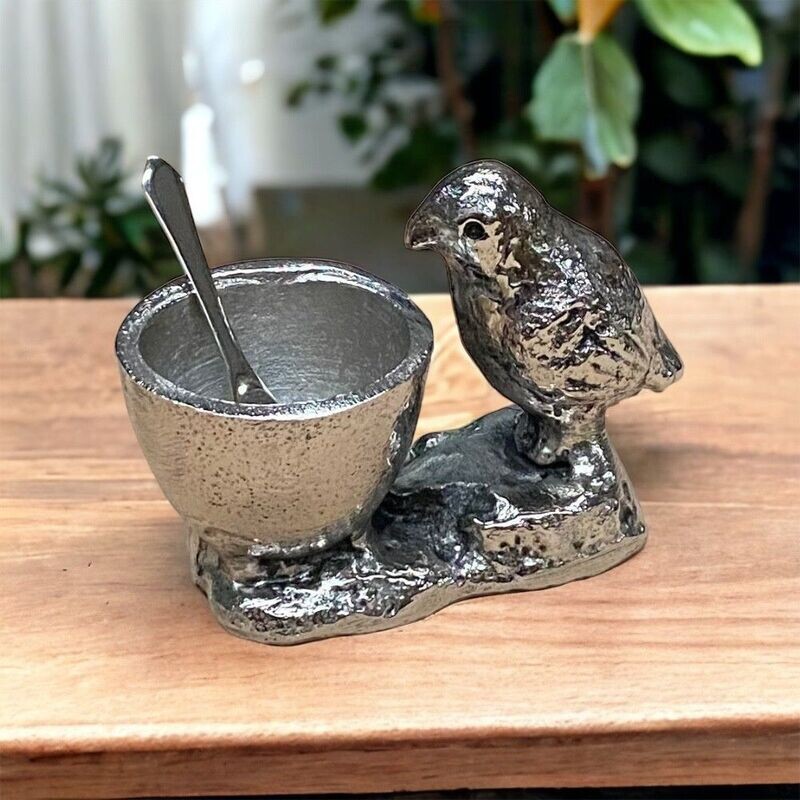 Metal Garden Bird Salt Pot/Egg Cup and Spoon