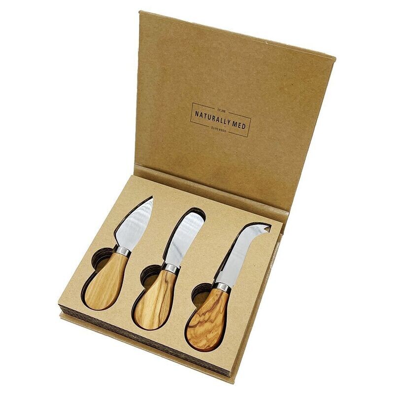 Olive Wood - 3 Mini Cheese Knives in Box