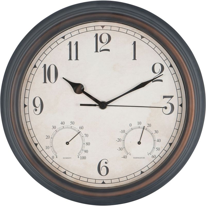 Outdoor Antiqued Metal Clock with Temperature and Humidity