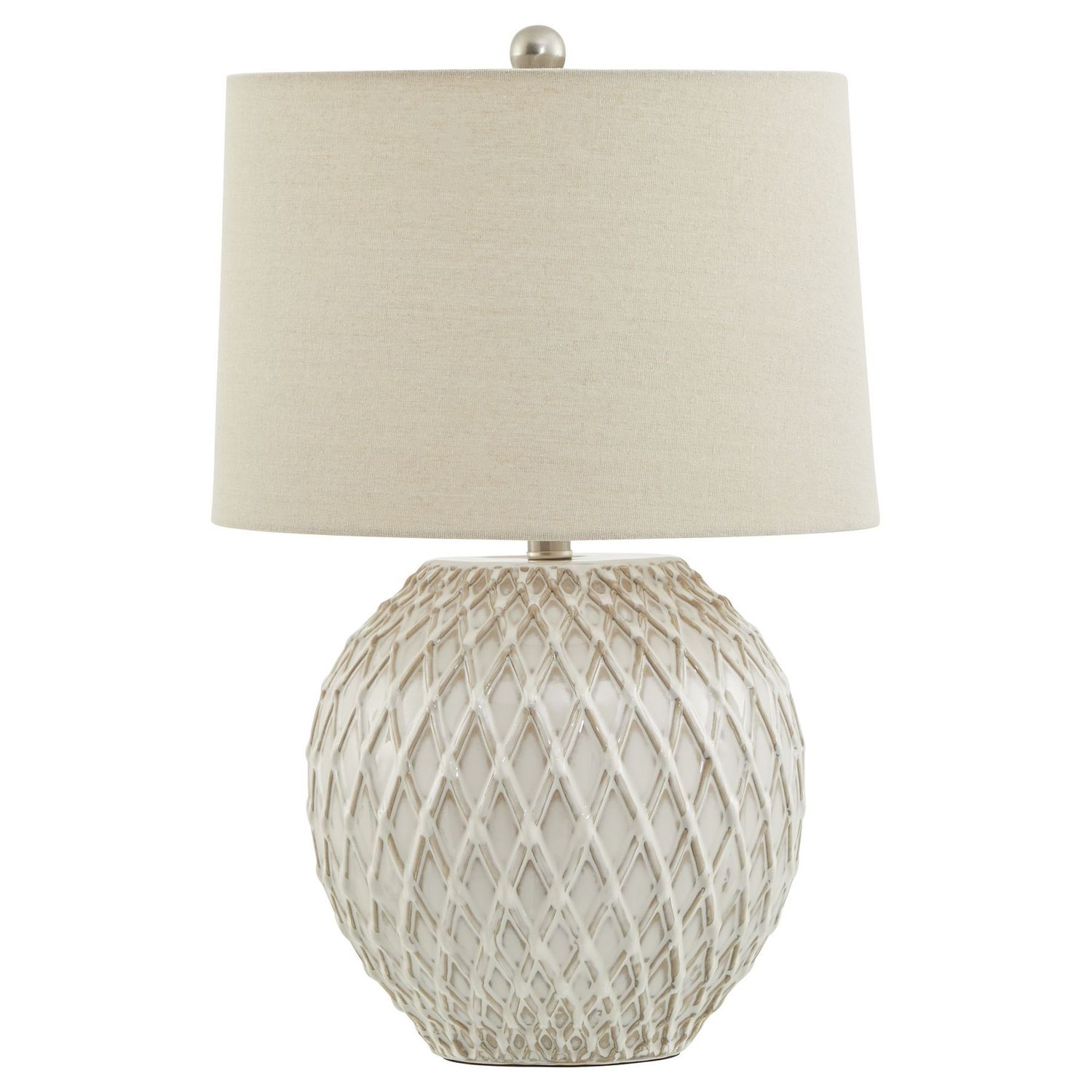 Lattice Ceramic Table Lamp With Linen Shade + Bulb