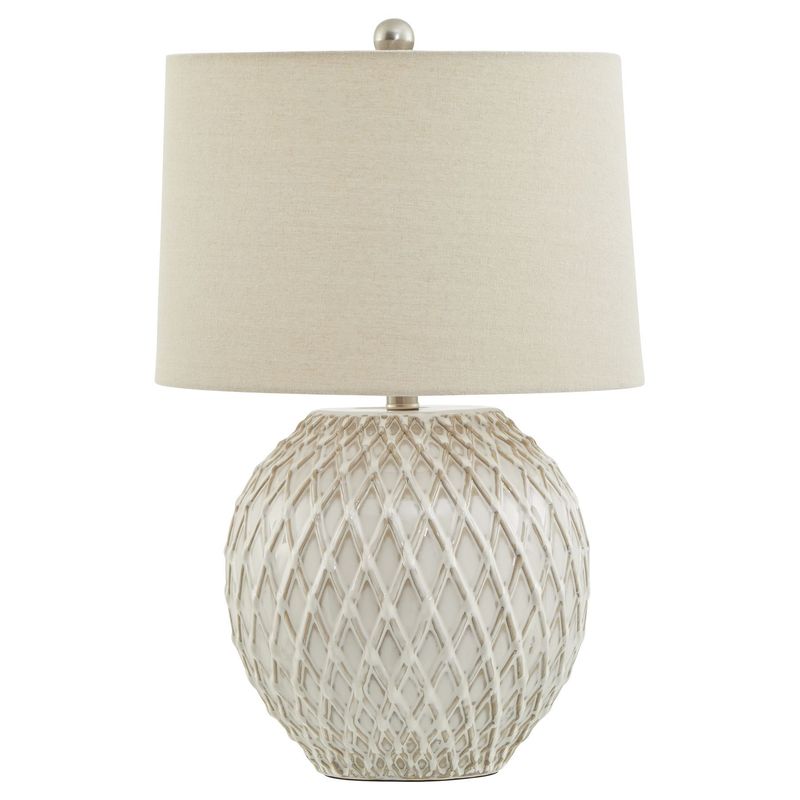 Lattice Ceramic Table Lamp With Linen Shade + Bulb