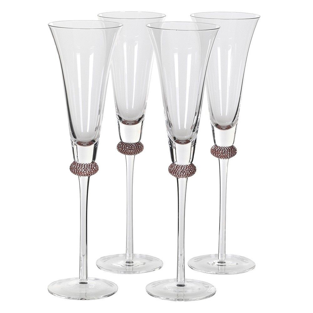 Set of 4 Pink Gold Diamante Champagne Flutes