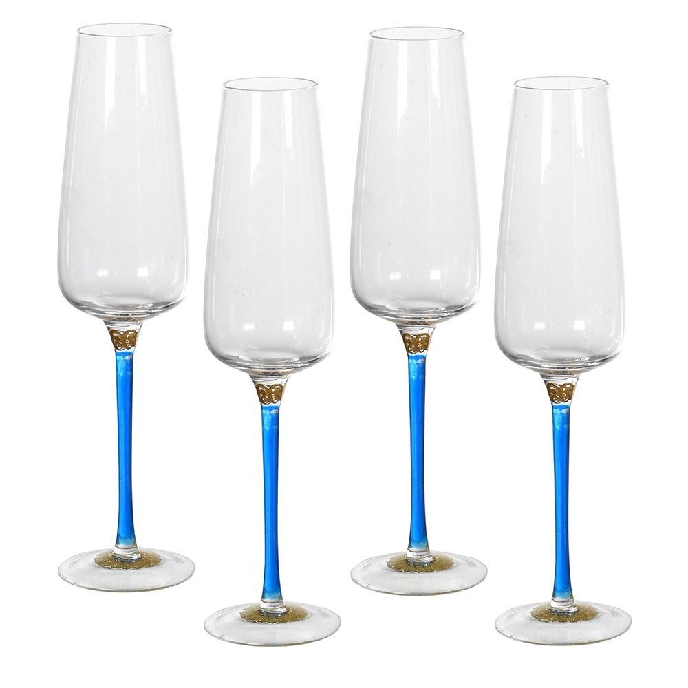 Set of 4 Blue and Gold Stem Champagne Glasses