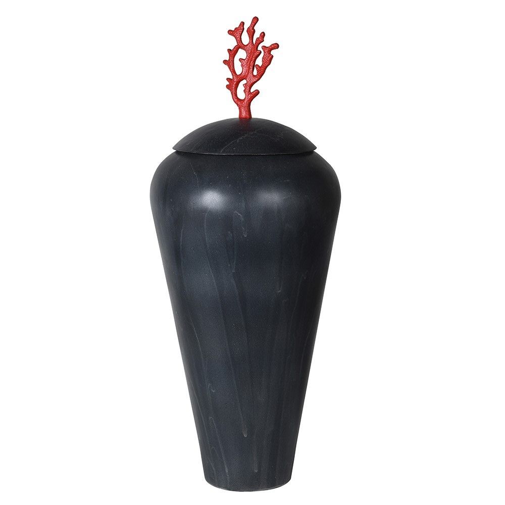 Coral Lidded Black Jar