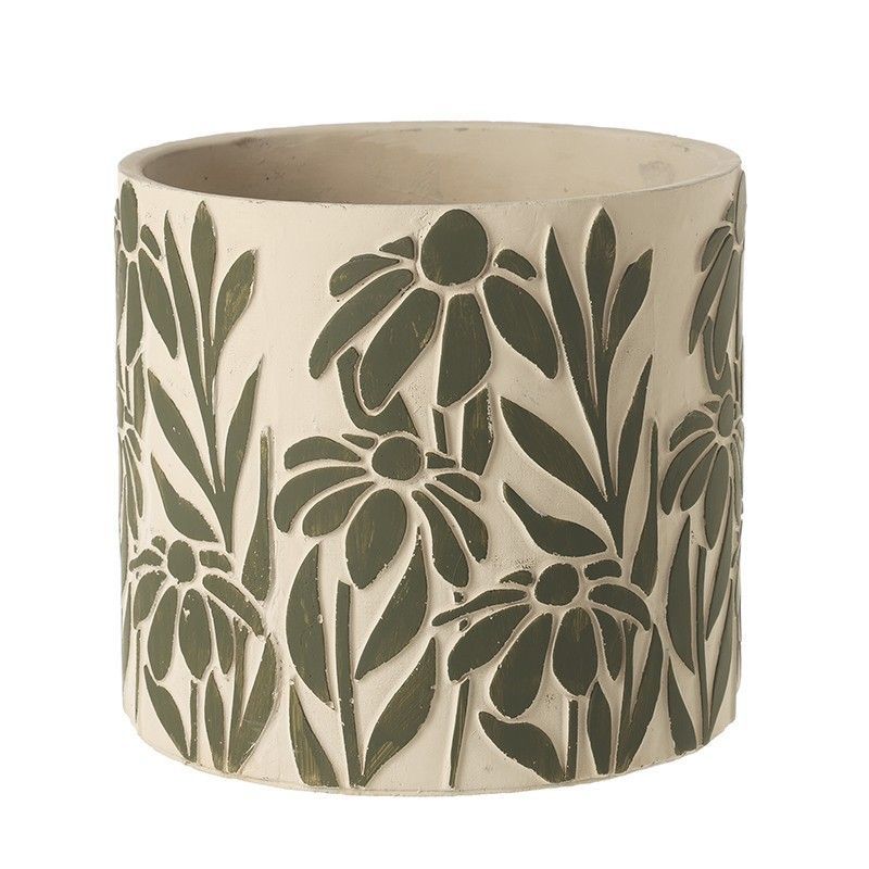Green Floral Design Cement Pot