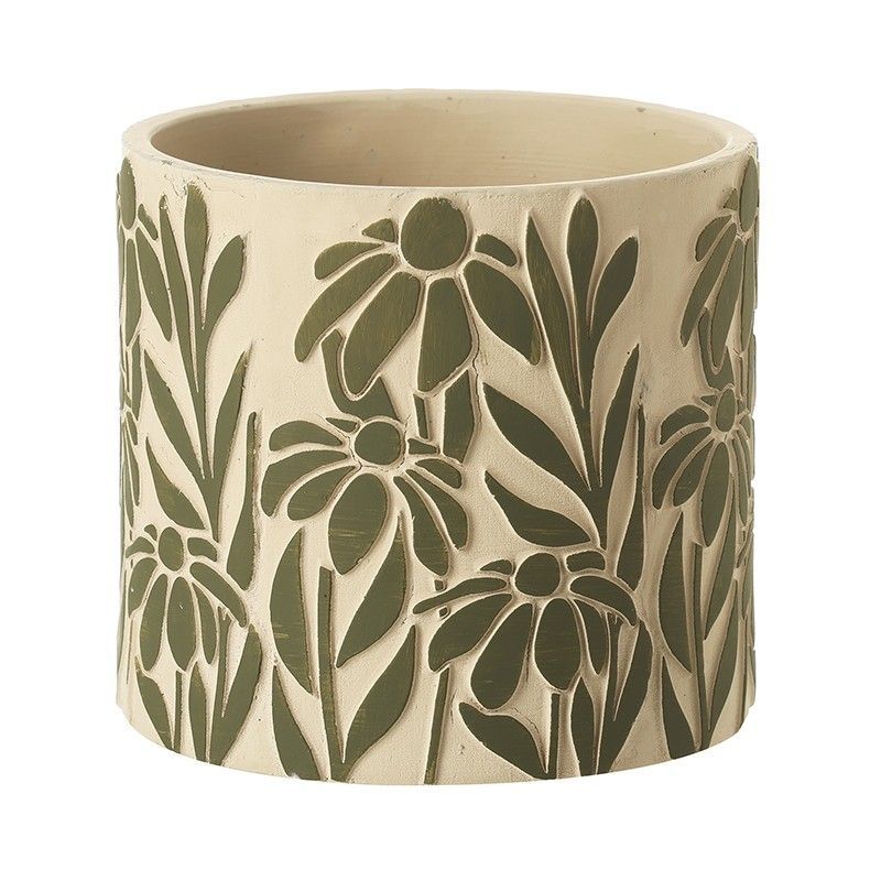 Green Floral Design Cement Pot