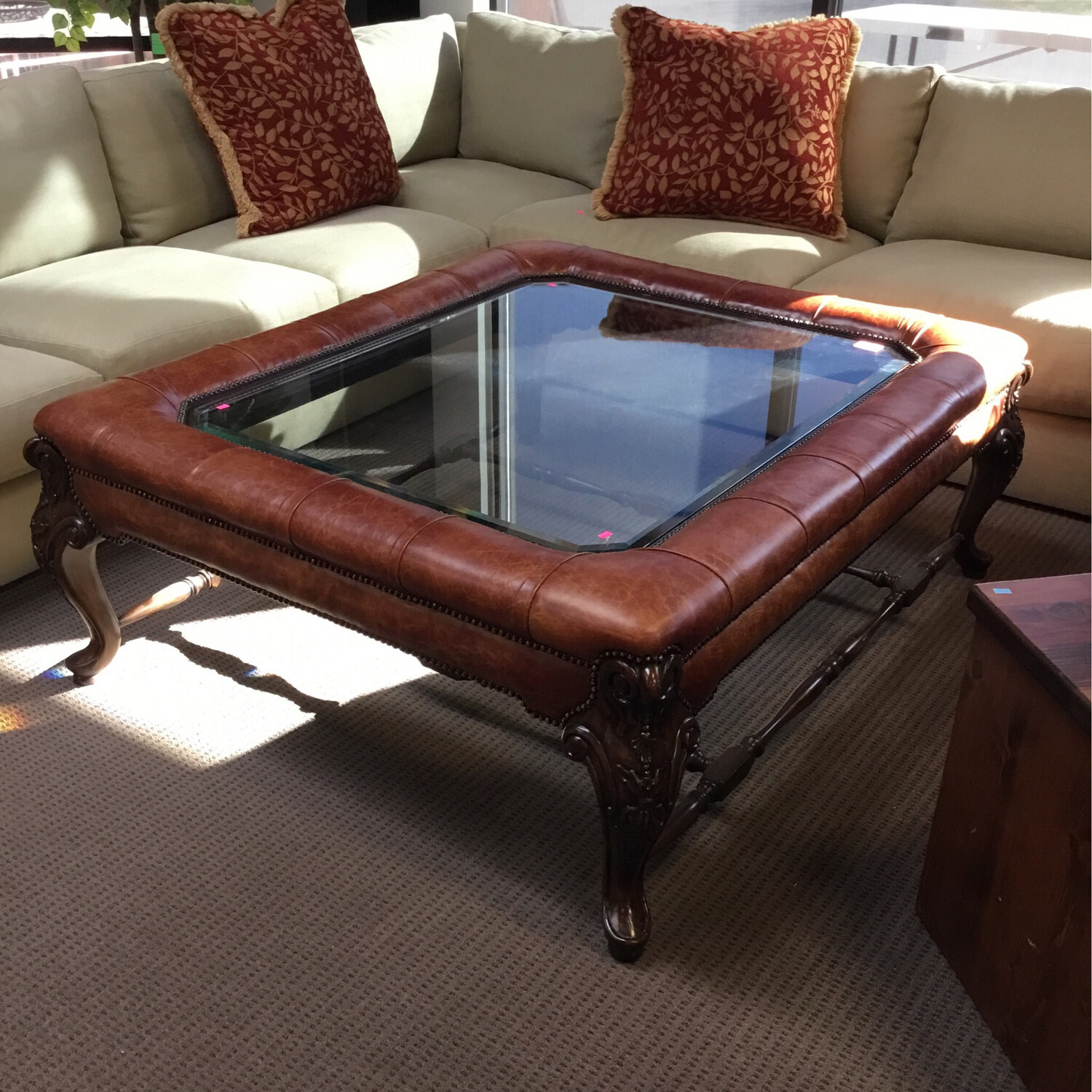 Glass & Studded Leather Coffee Table