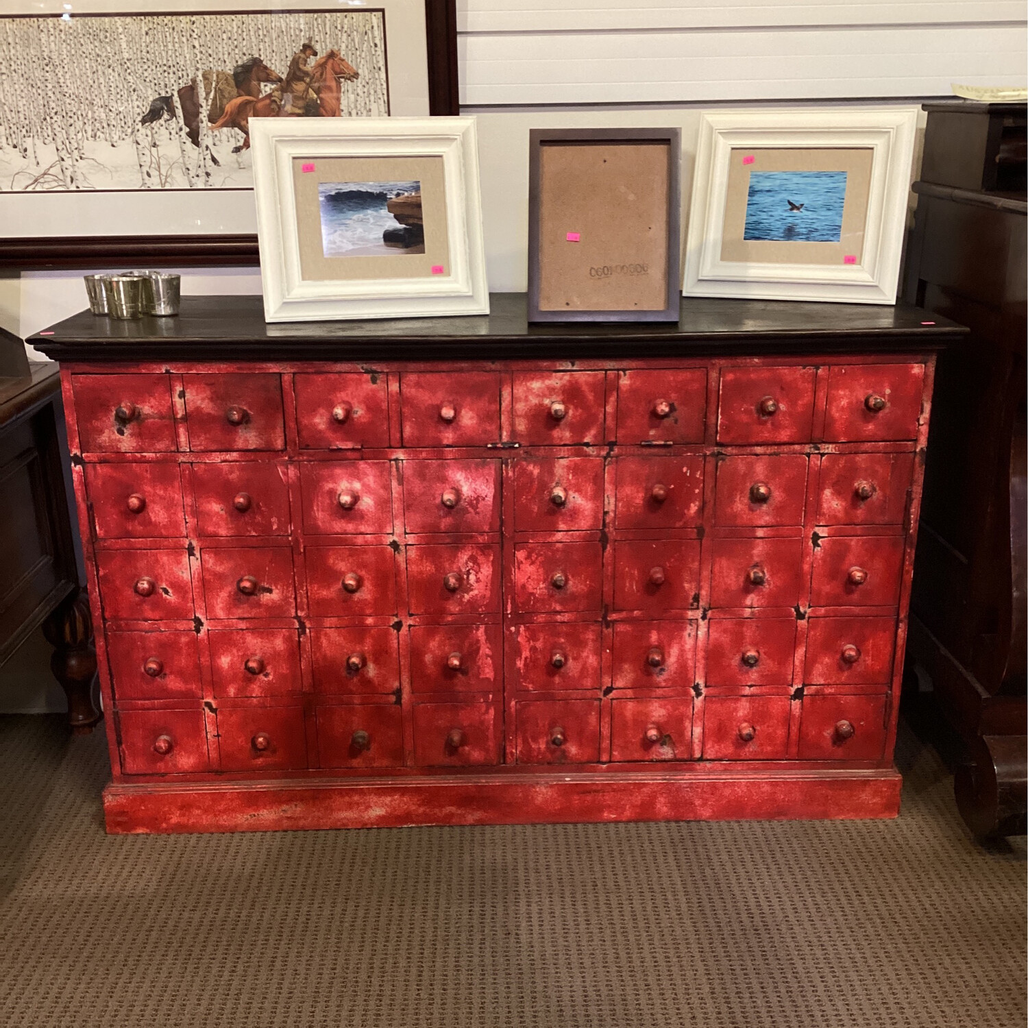 Distressed Red Credenza