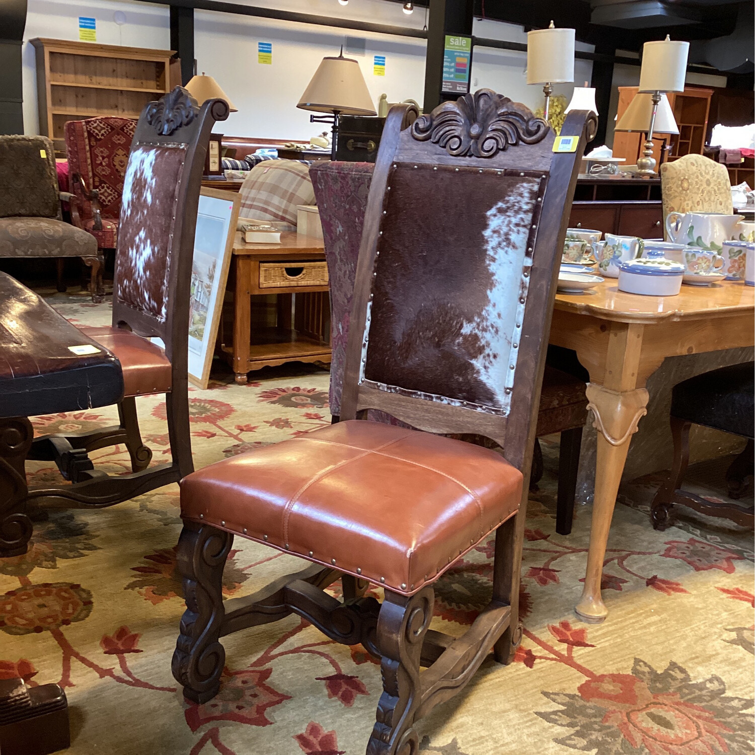 Hand Carved Wood Hide & Leather Dining Chairs