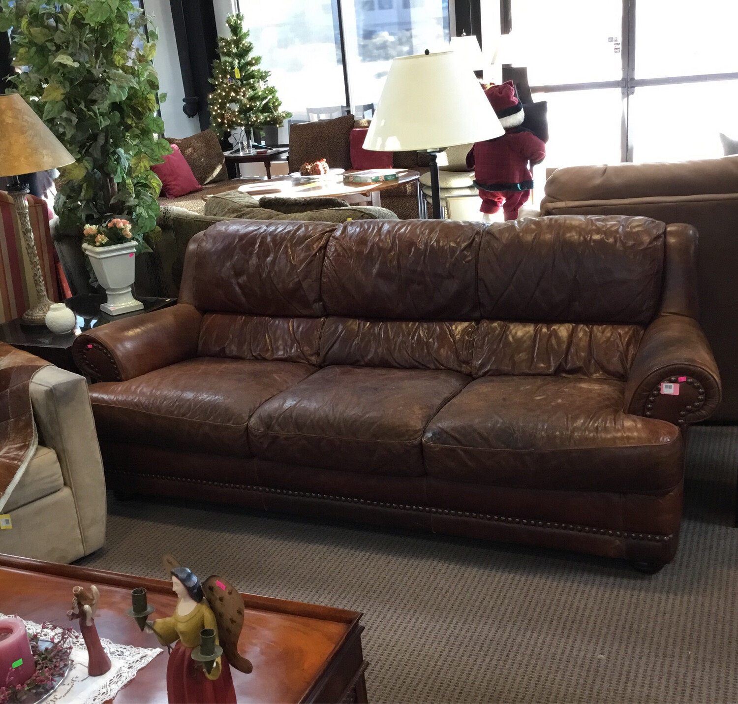Medium Brown Studded Leather Sofa