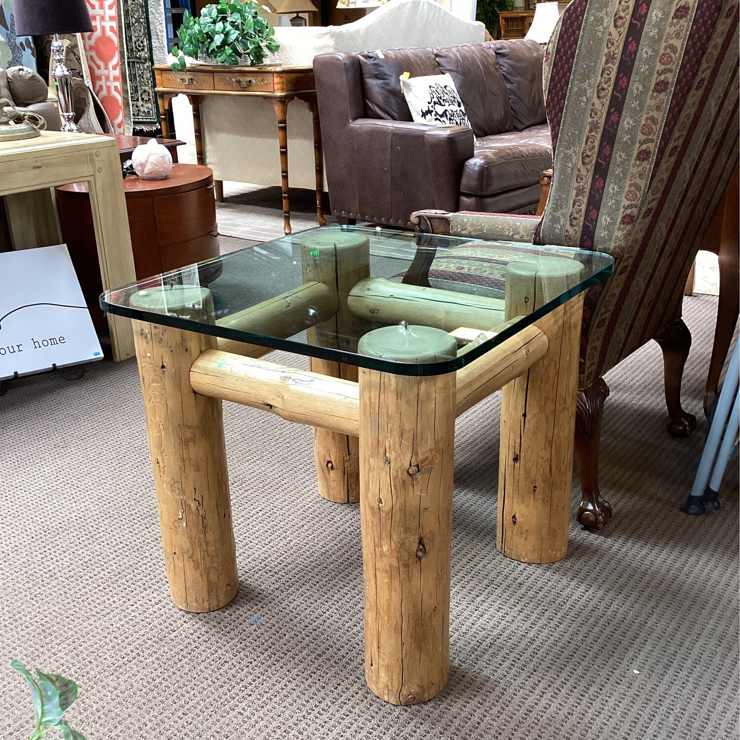 Logged Leg Glass Top Side Table 
