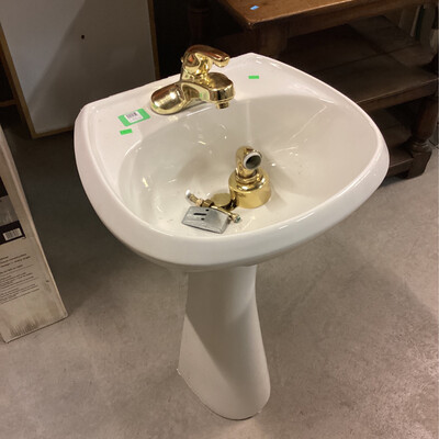 Off-White Pedestal Sink w/ Gold Colored Faucet 