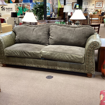 Custom Studded Green Leather & Upholstery Sofa