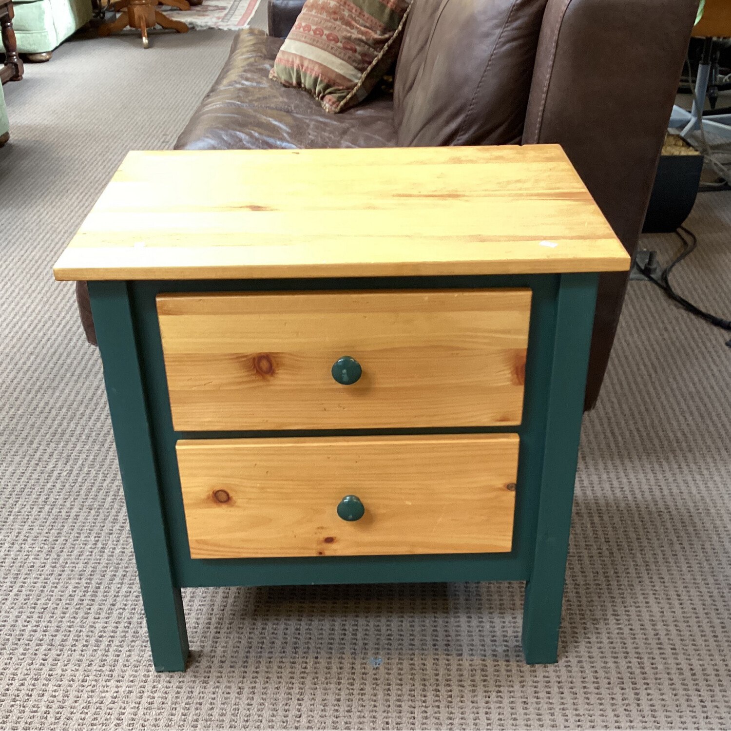 Wood 2 drawer nightstand with green
