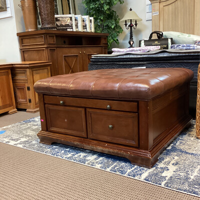 Extra Large Leather Top Wood Ottoman
