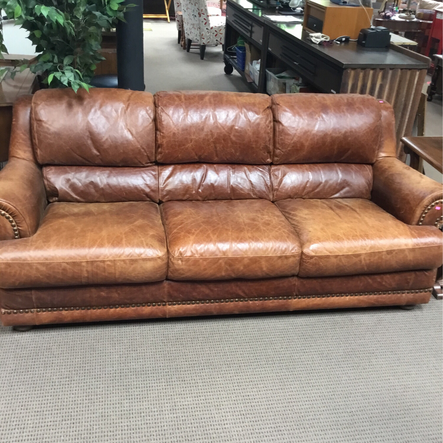 Caramel Studded Leather Sofa