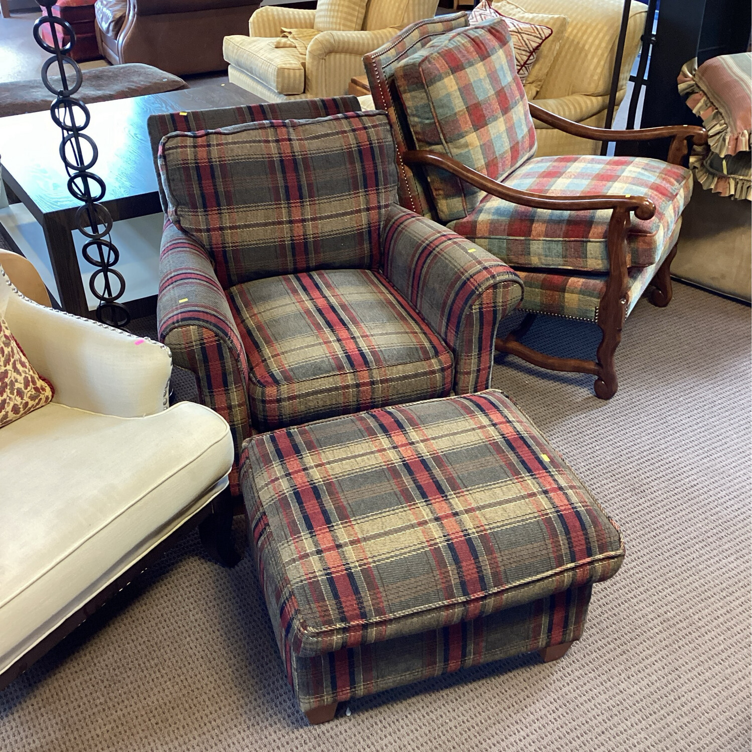 Plaid Chair and Foot Rest