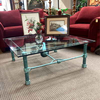 Square Turquoise Metal & Glass Coffee Table