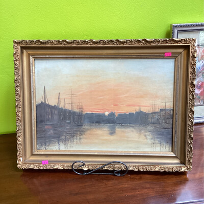 Framed Harbor Painting