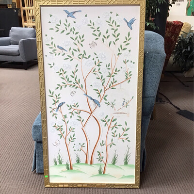 Handpainted Framed Chinoiserie Mural Panel w/ Ivory Background