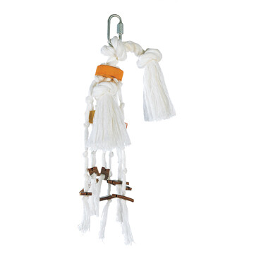 Living World Junglewood Bird Toy - Small Rope With Wood Cylinders, Leather Strips and Bell with Hanging Clip