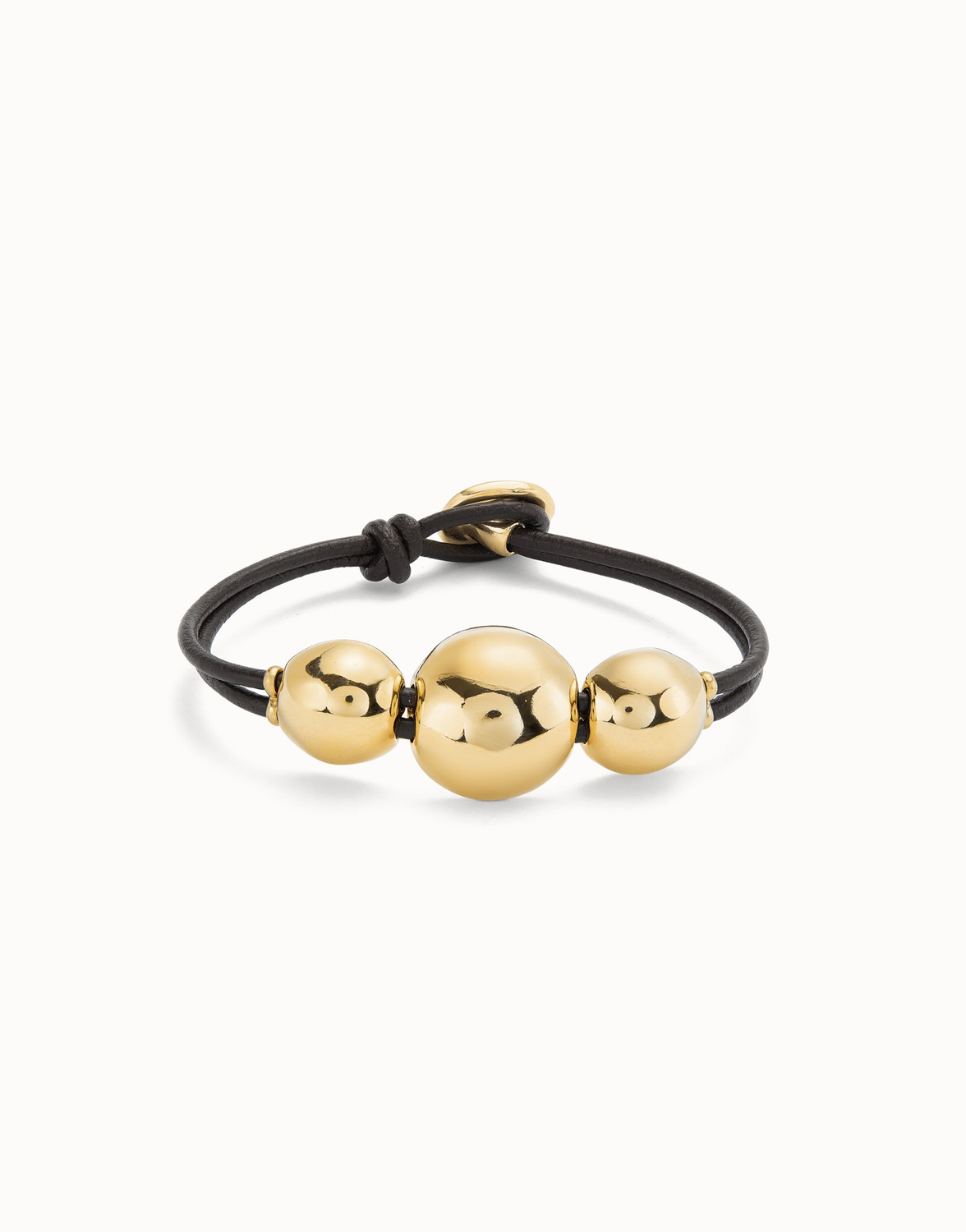Pulsera Cuero con tres bolas grandes bañadas en oro de 18k Pulsera Cuero con tres bolas grandes bañadas en oro de 18k