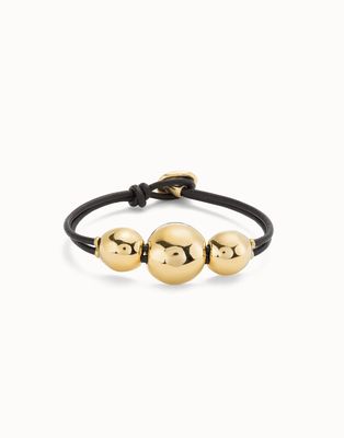 Pulsera Cuero con tres bolas grandes bañadas en oro de 18k