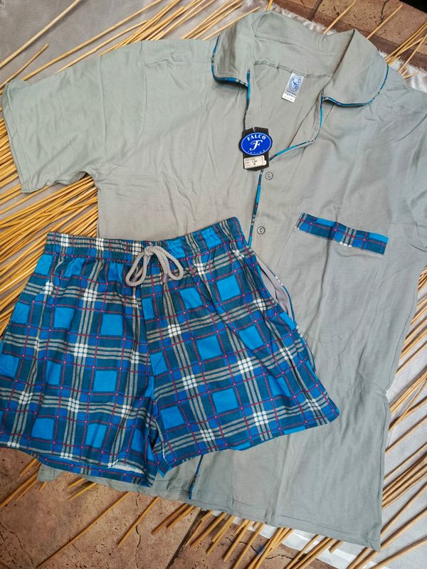 Pijama short cuadros de caballero manga corta botones unicolor 