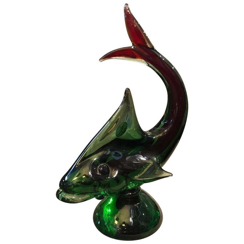 Mid-Century Modern Green and Red Murano Glass Shark, circa 1970