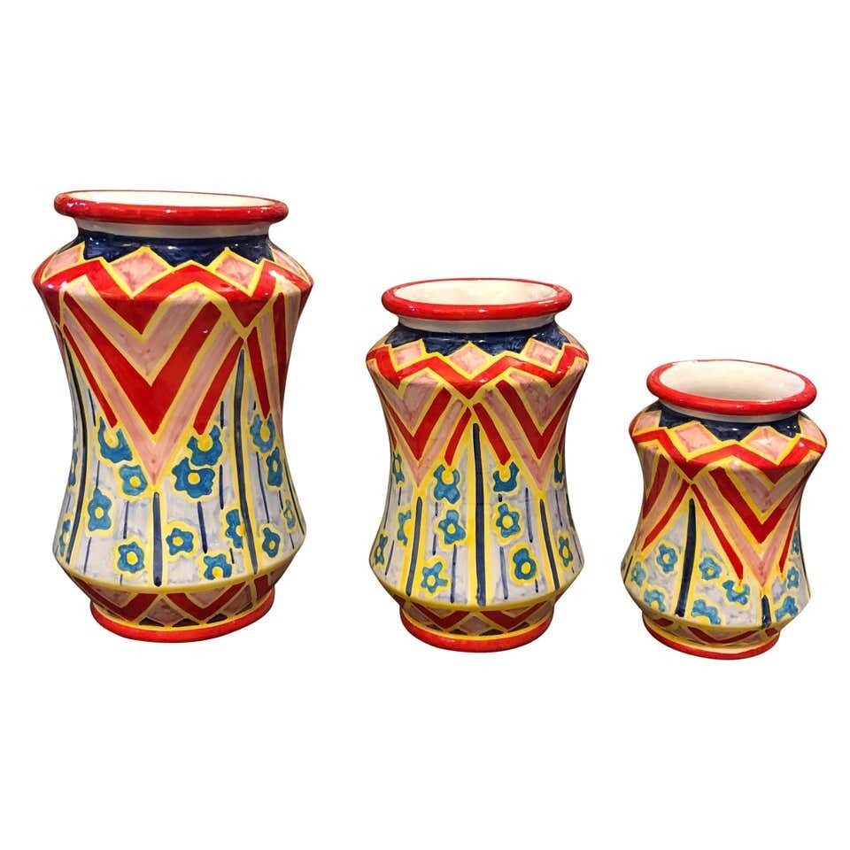 Set of Three Unique Pieces Hand Painted Sicilian Terracotta Albarello Vases