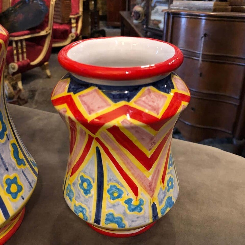 Set of Three Unique Pieces Hand Painted Sicilian Terracotta Albarello Vases