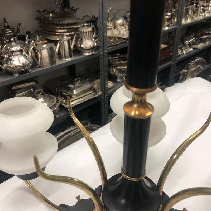 Mid-Century Modern Italian Brass Ebonized Wood and White Glass Chandelier, 1950