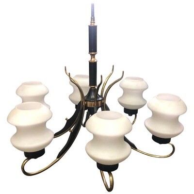 Mid-Century Modern Italian Brass Ebonized Wood and White Glass Chandelier, 1950