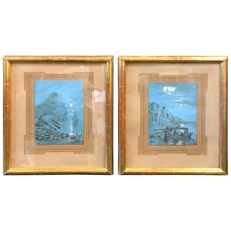 Neapolitan Hand-Painted Blue Gouaches in French Frames dated 1878