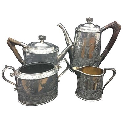 Victorian Silver Plate and Horn Tea Set by Atkin Brothers, circa 1890