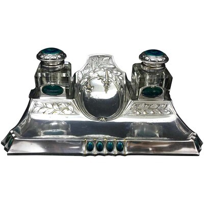 Amazing Art Nouveau Silver Plated Inkwell, circa 1900